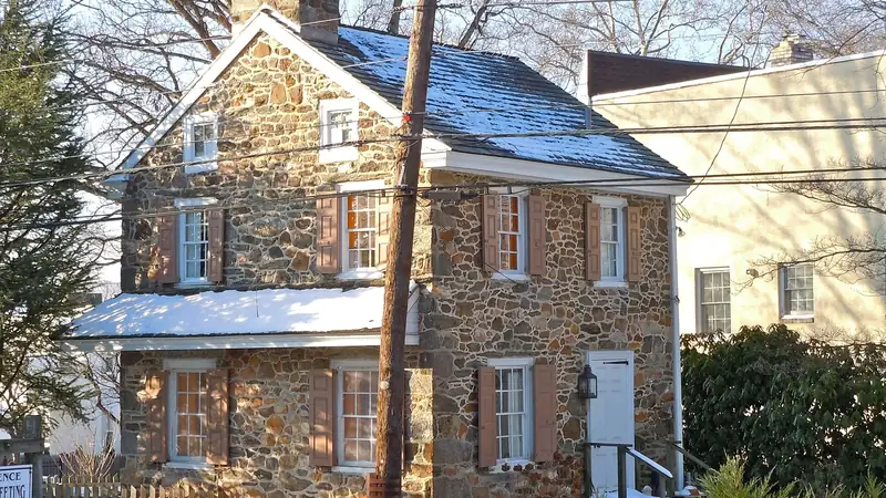 Eighteenth-century fieldstone house with a gabled roof in Media, Pennsylvania